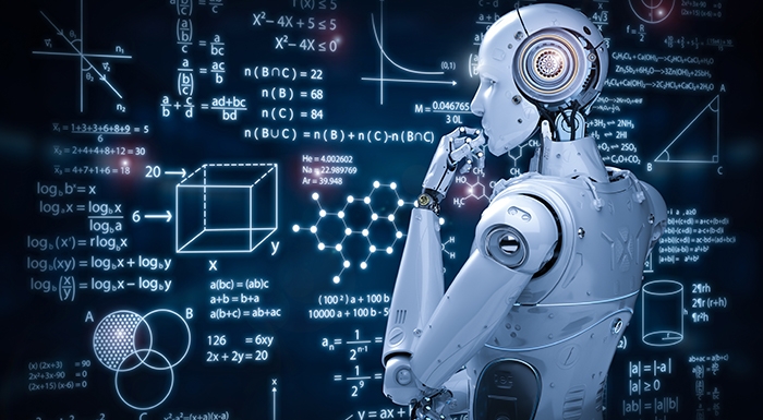 robot looking at mathematical expressions on blackboard
